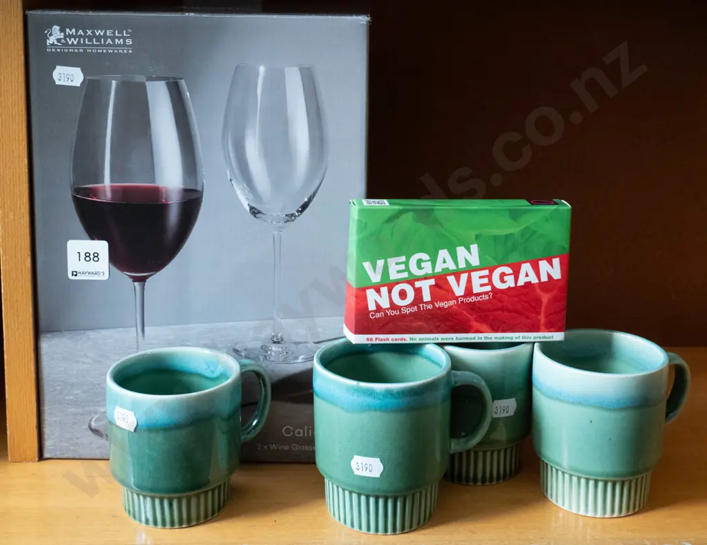 box of wine glasses, coffee cups, Vegan flash cards Image 1++