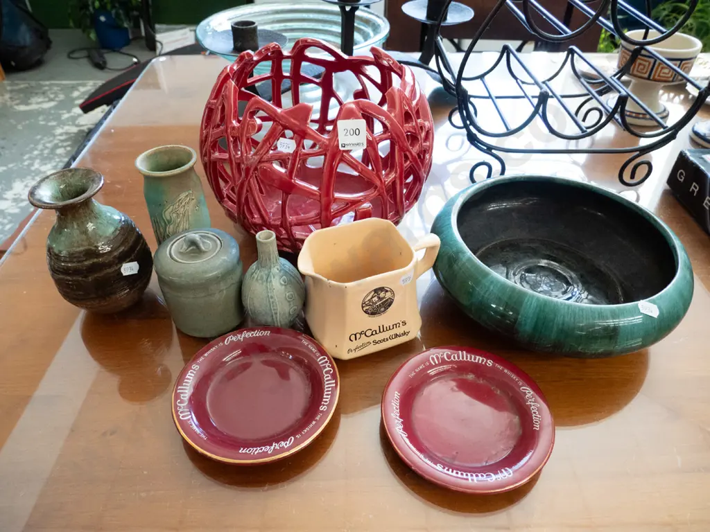 pierced ceramic fruit bowl, ashtrays, whisky jug etc Image 1++