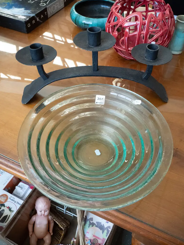 large glass fruit bowl, metal candelabra Image 1++
