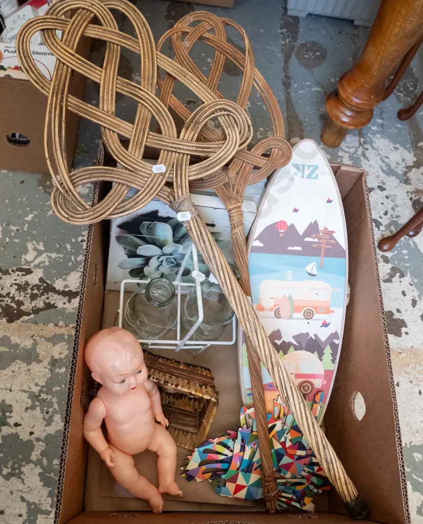 box; ornamental surfboard, dolls, carpet beaters etc Image 1++