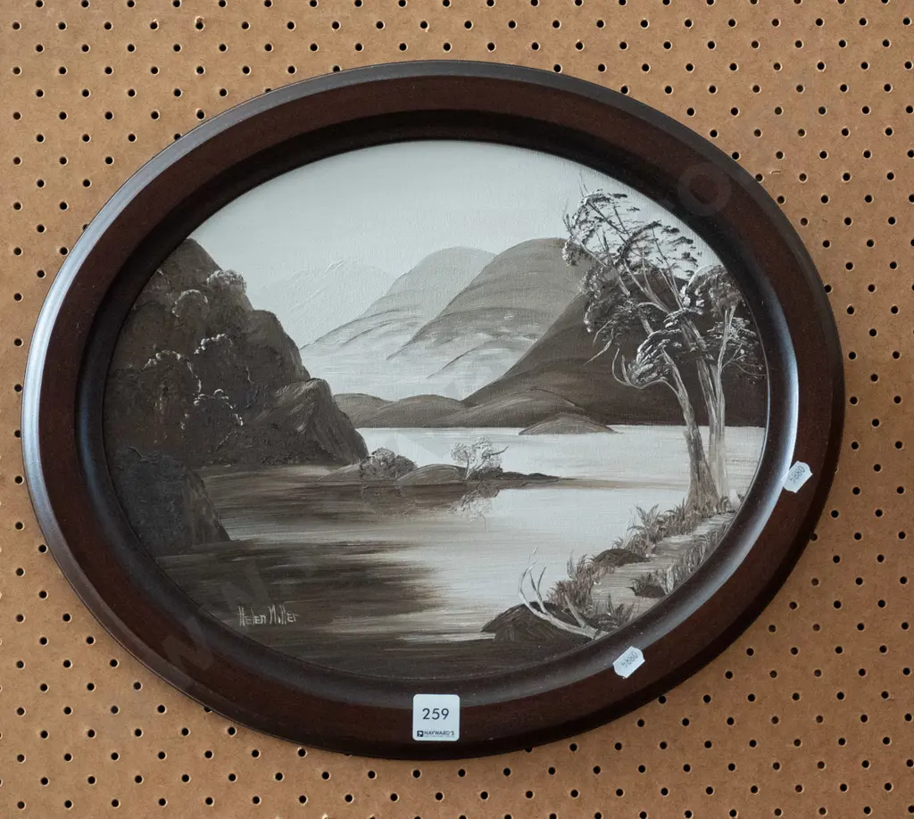 oval framed oil - lake & mountain scene Image 1++