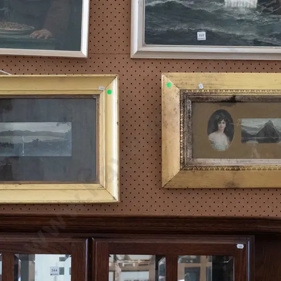 framed vintage photograph Warrington (damaged), framed tryptic portraits & Mitre Peak (green dots)