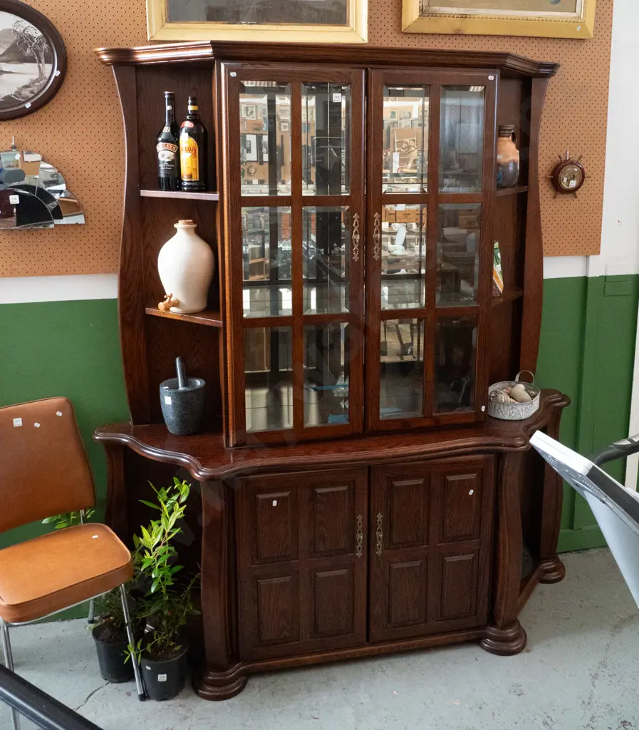 dark stained, illuminated,  oak wall unit, 2 solid doors, 2 glazed doors & side shelves H-2030 W-1590 D-500 Image 1++