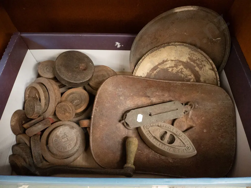box, rusty weight scales, scale trays, sad iron etc Image 1++