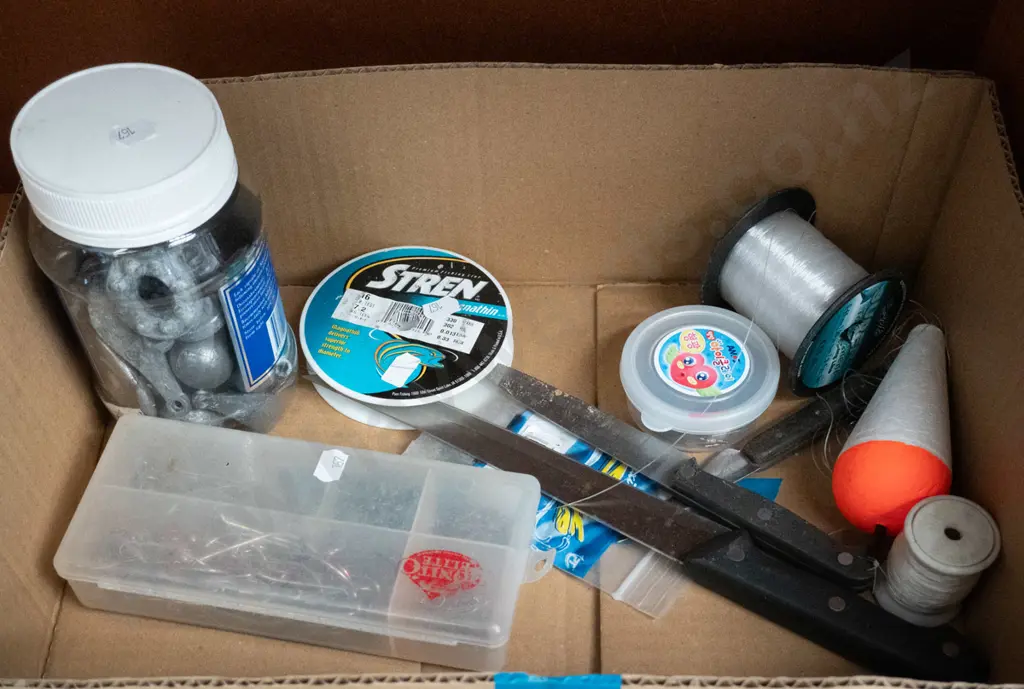 box; fishing lines, sinkers, hooks, knives etc Image 1++