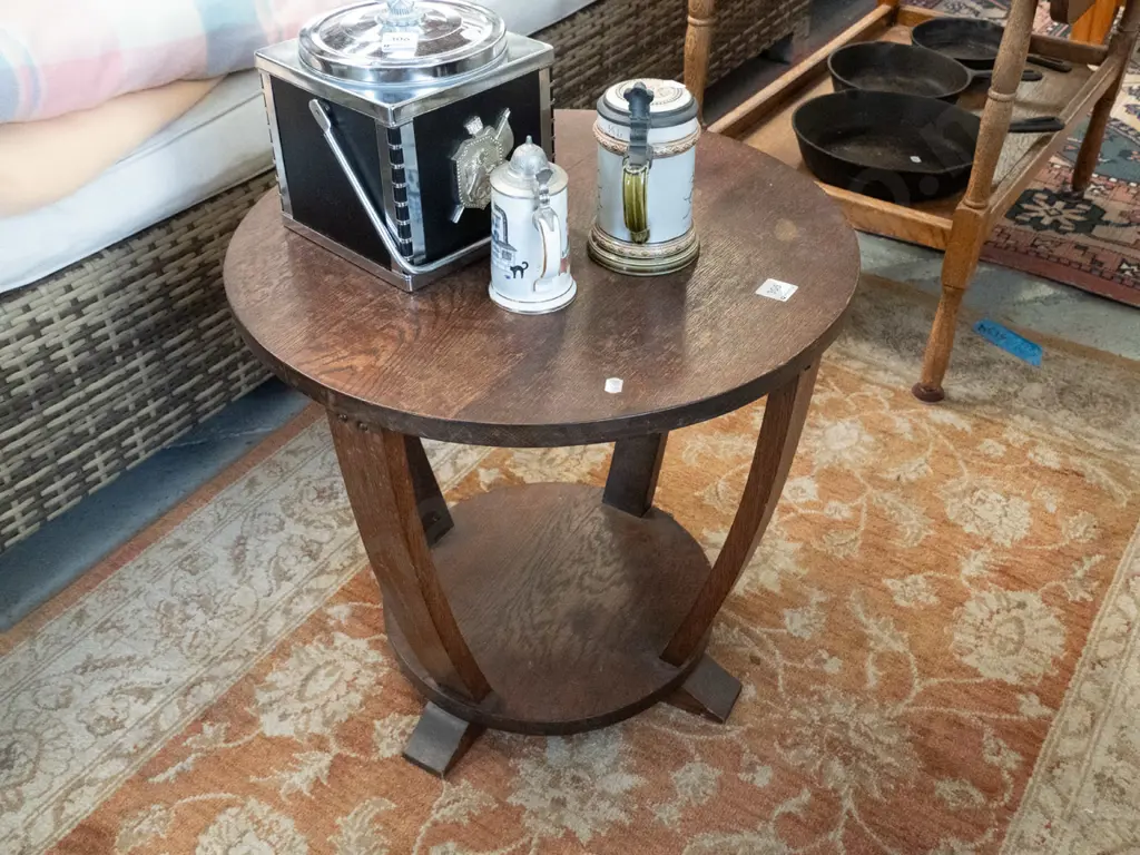 oak deco circular end table H-460 D-500 crack to top, varnish needs attention Image 1++