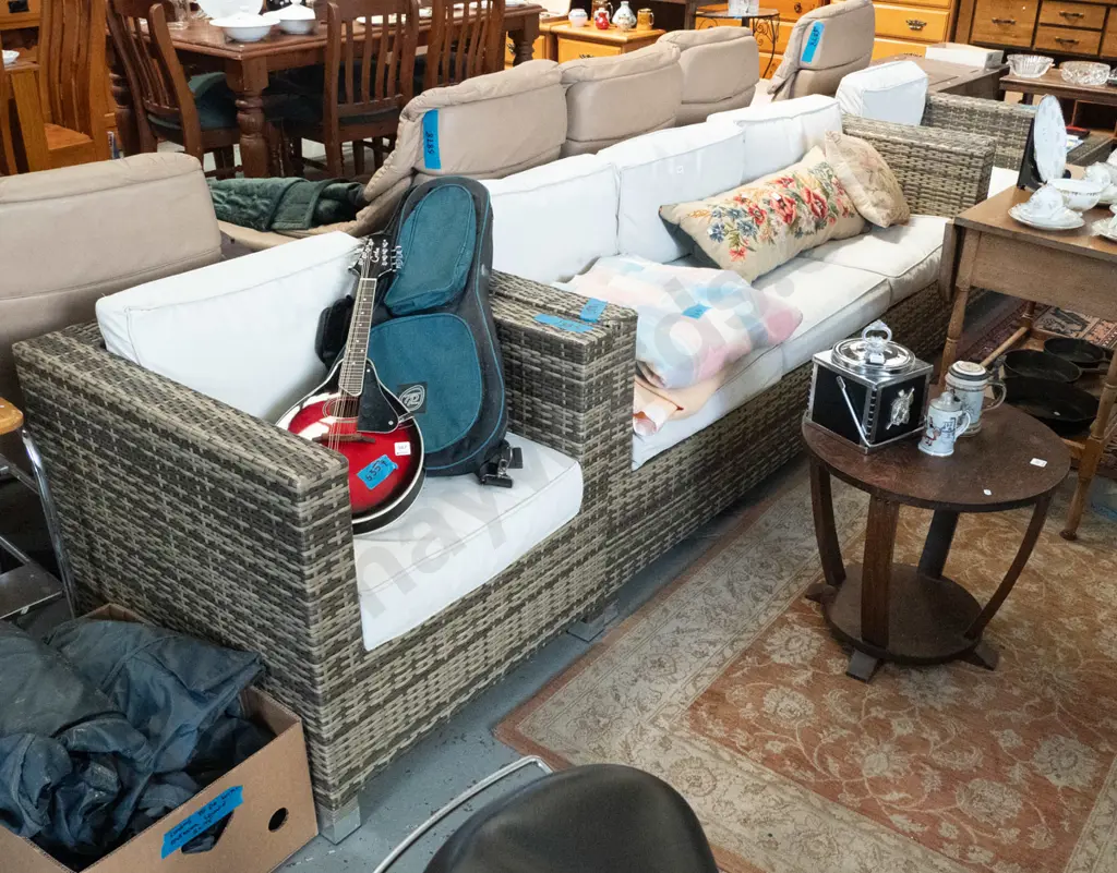 woven plastic 4 piece outdoor suite, 3 seater, 2 singles & coffee table Image 1++