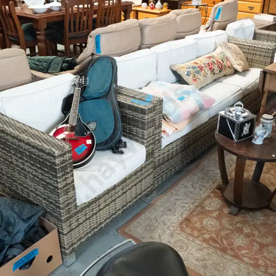 woven plastic 4 piece outdoor suite, 3 seater, 2 singles & coffee table