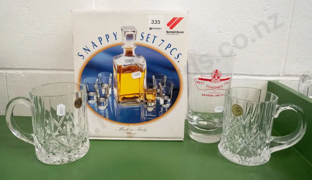 cased decanter & shot glasses, crystal beer mugs & schooner Image 1++