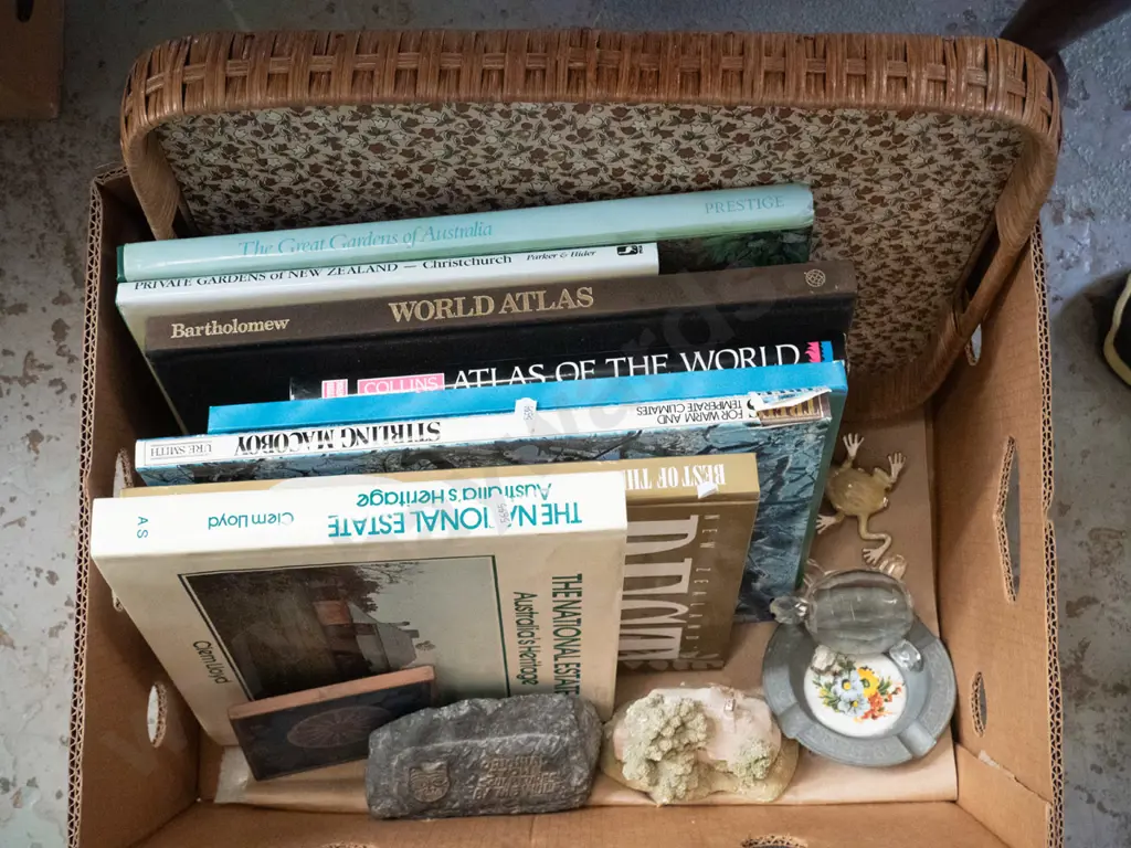 box; books, cane tray, ashtray, glass turtle etc Image 1++