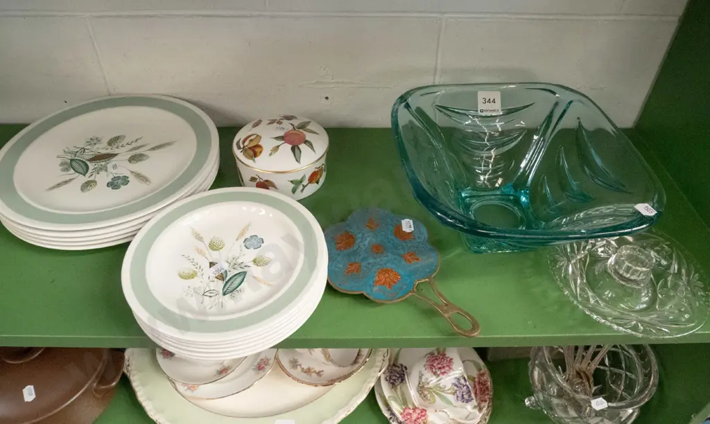 shelf blue glass bowl, Woods Cloverly plates, trinket container etc Image 1++