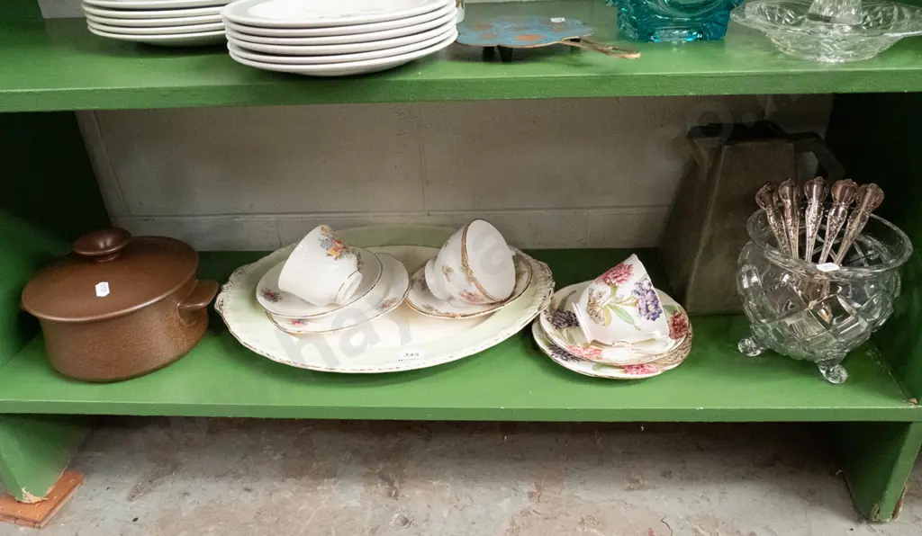 shelf; crystal footed bowl, cutlery, cups, saucers, Temuka casserole Image 1++