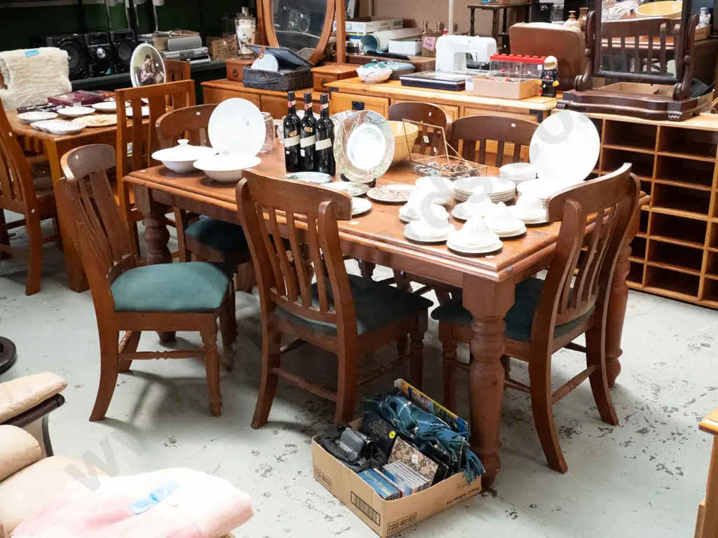 solid pine turned leg dining table with 6 matching green-upholstered chairs H-770 W-1820 D-1000 Image 1++