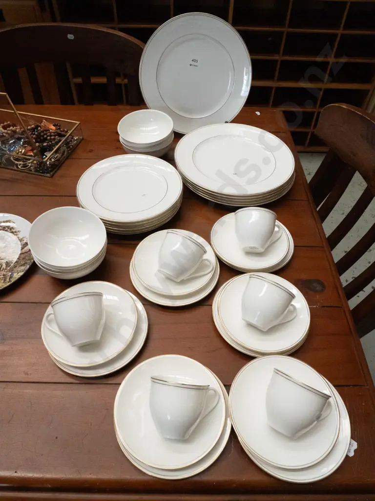 assorted white and gold rimmed dinner items; plates, bowls etc Image 1++