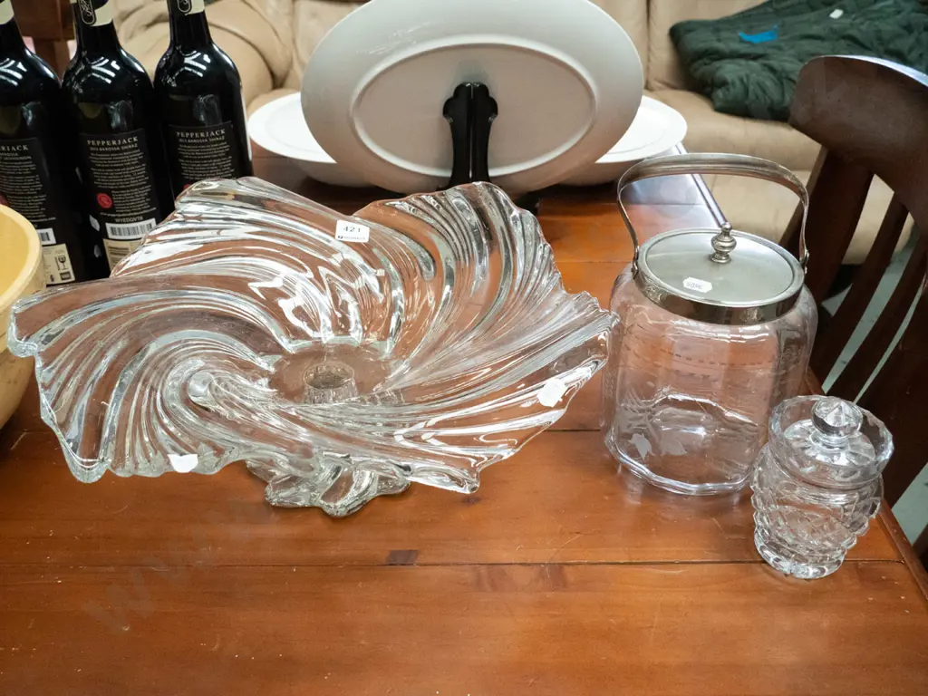 swirled glass footed fruit bowl, cut crystal honey pot, biscuit barrel Image 1++