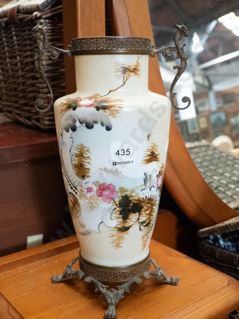 Victorian hand painted glass vase with cast metal mounts - has had significant repair H-290 Image 1++