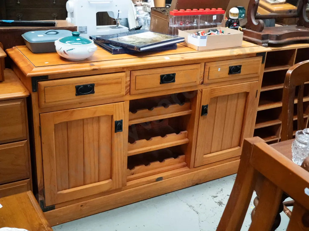 pine sideboard, 2 doors, 3 drawers and wine racks H-850 W-1465 D-450 Image 1++