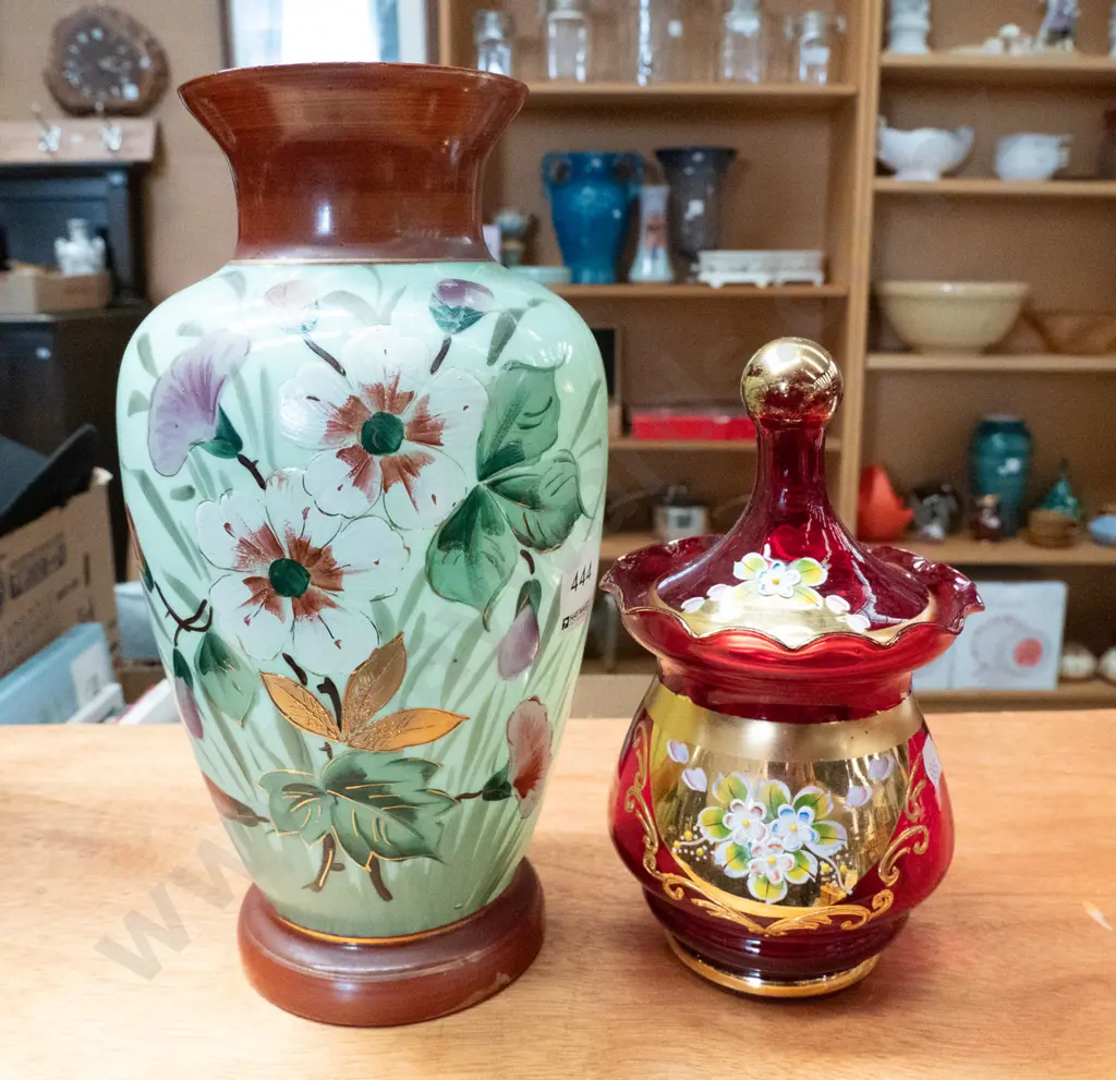 hand painted glass vase - major repairs - and a ruby Venetian glass lidded pot. Vase H-270 Image 1++