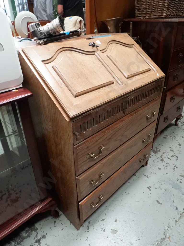 oak 3 drawer drop front desk - key in office H-960 W-750 D-470 Image 1++