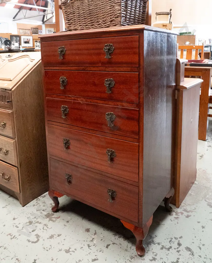 mahogany cab leg 5 drawer tall boy - varnish needs attention H-1050 W-620 D-420 Image 1++