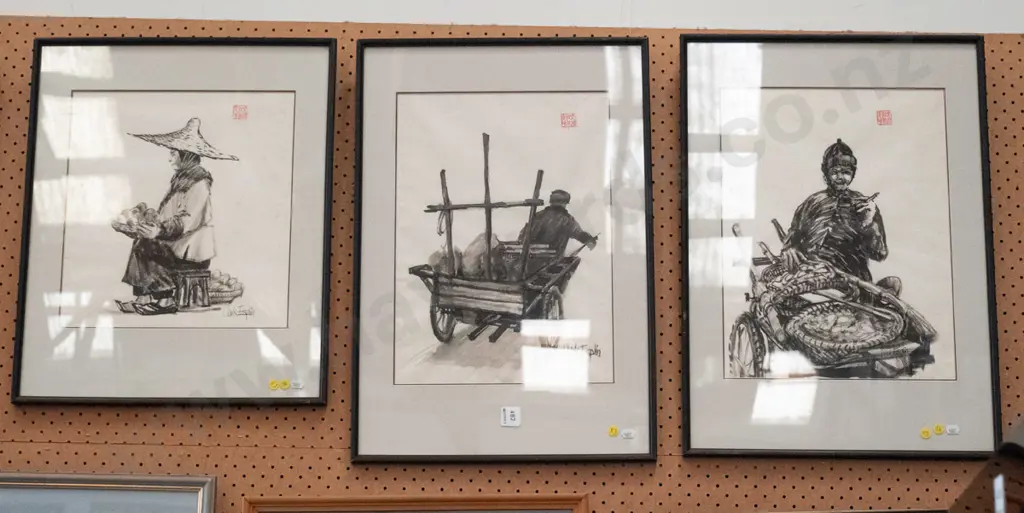 3x framed Clark Esplin Asian inks - significant foxing Image 1++