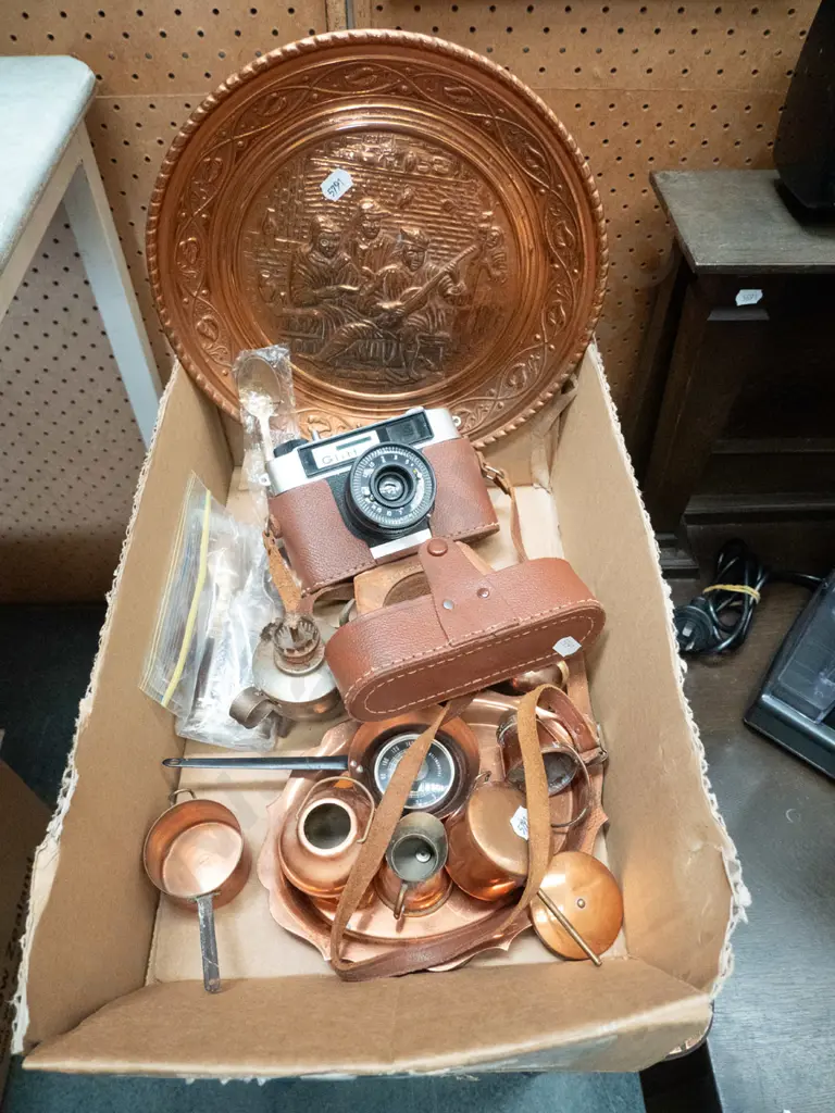 box; copper wall charger, 35mm film camera, copper miniatures, etc Image 1++