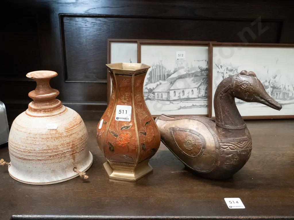 brass vase, duck, studio pottery hanging planter Image 1++