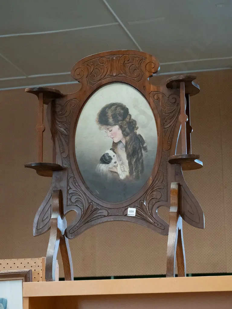 Edwardian firescreen with girl and dog portrait centre Image 1++