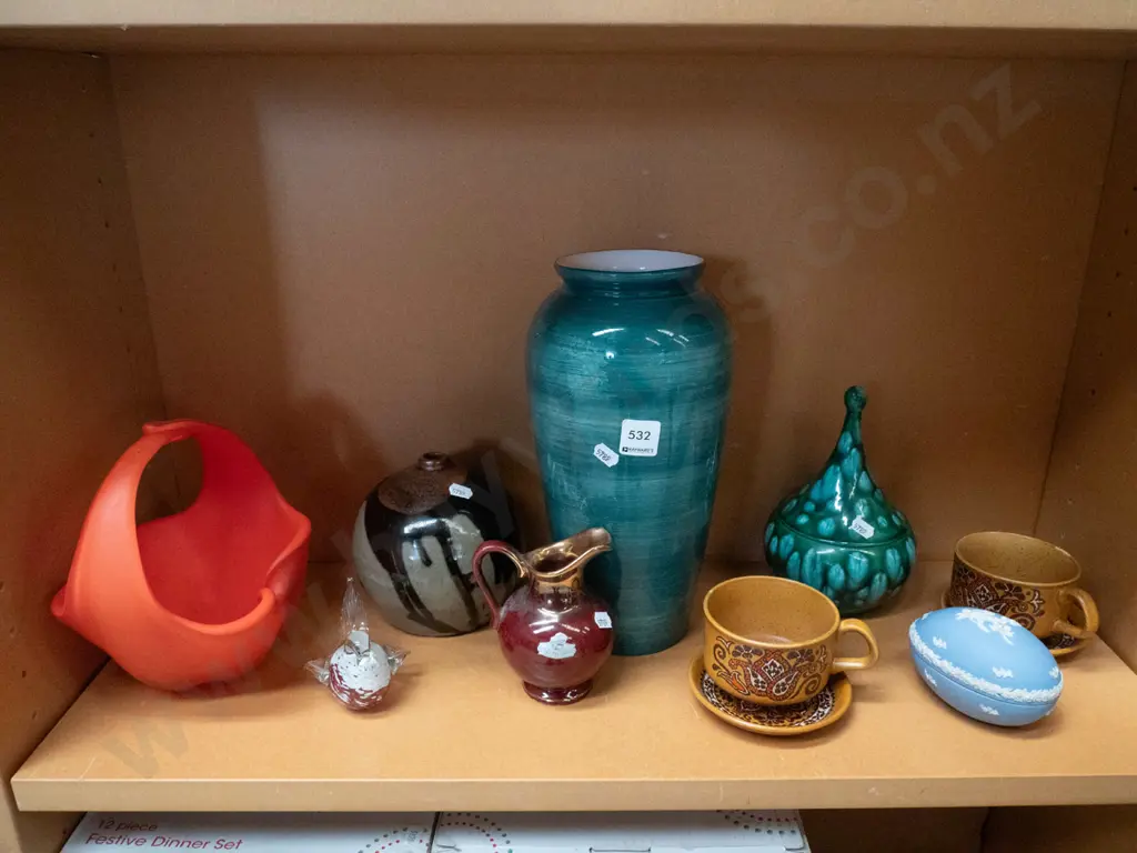 shelf; ceramic baskets, Palissy cups, saucers, glass bird etc Image 1++