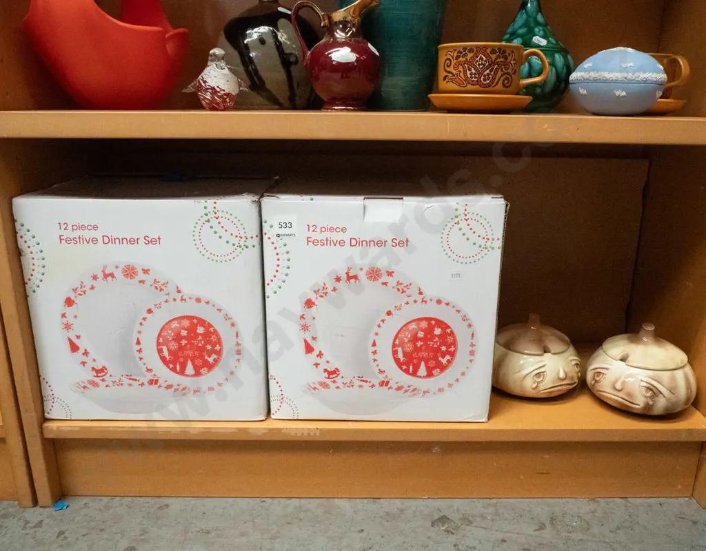 2x boxed 12 piece festive dinner sets, 2x crying onion lidded canisters Image 1++