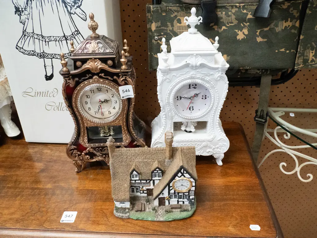 2x ornate reproduction plastic clocks, small English pub book Image 1++