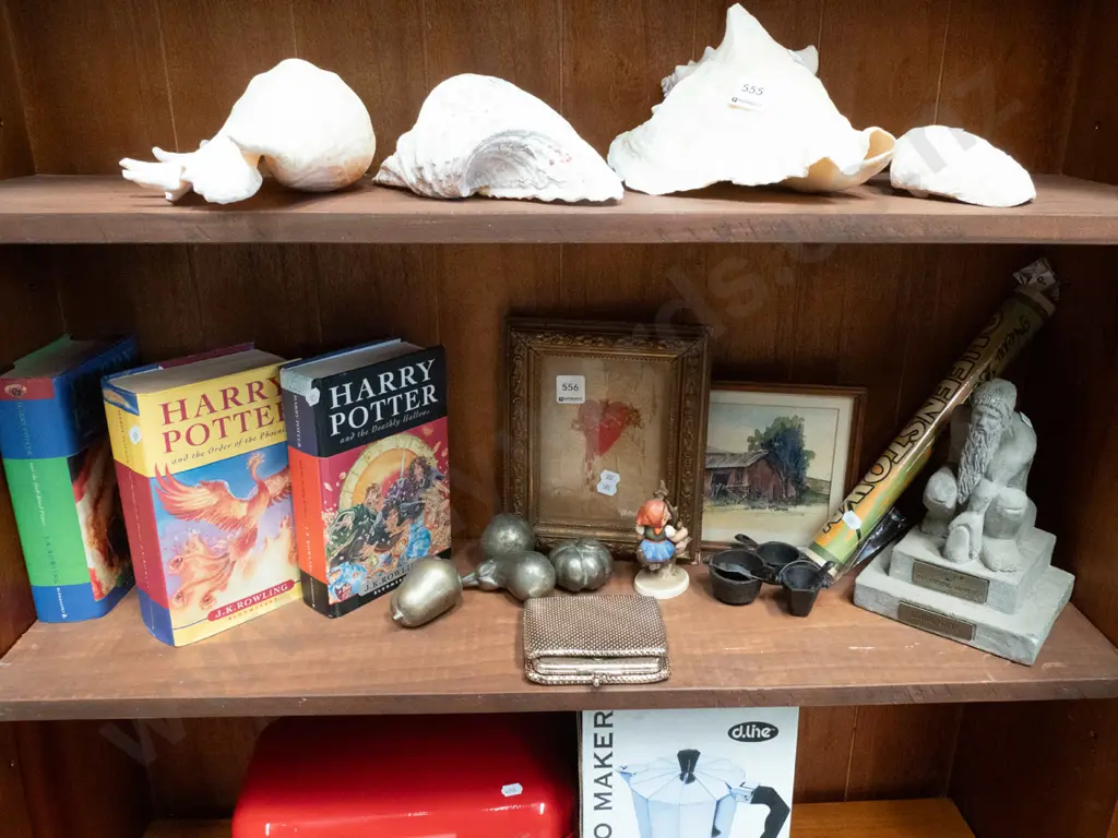 shelf; Harry Potter books, sacred heart needlework, miniatures, etc. Image 1++