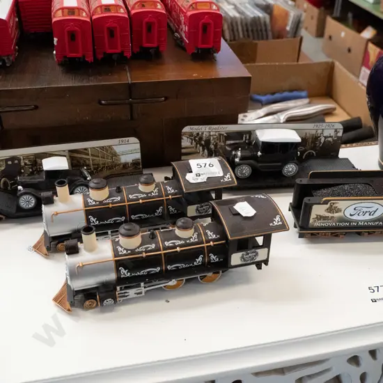 model railway items - 2 locomotives, tender, 2 Ford Model Ts on flatbed carriages