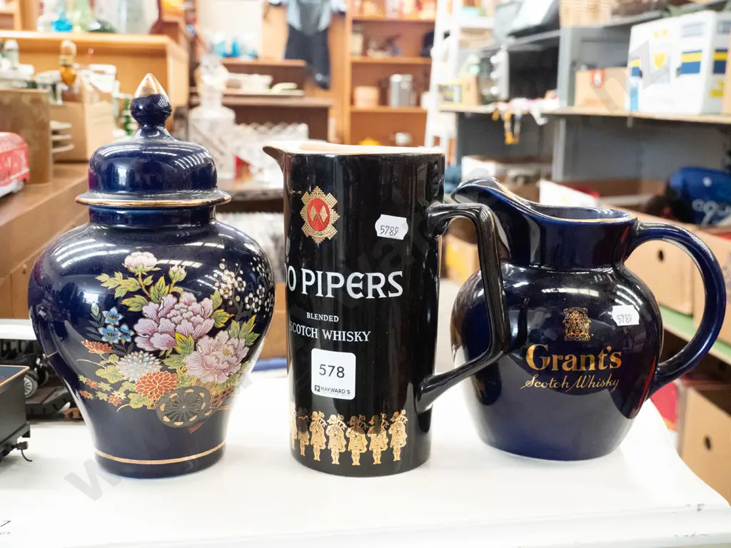 cobalt floral ginger jar, 2 whisky jars Image 1++