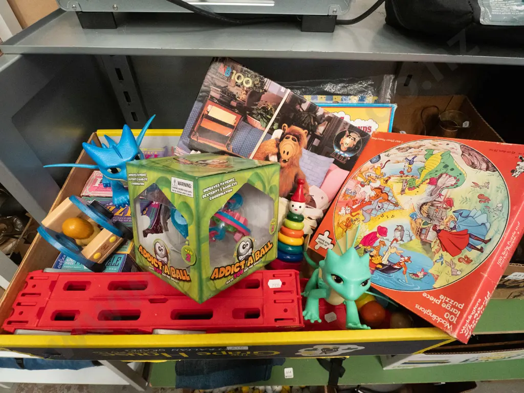 box of wooden toys, vehicles, jigsaw puzzles, Rescue Riders dragons, etc. Image 1++