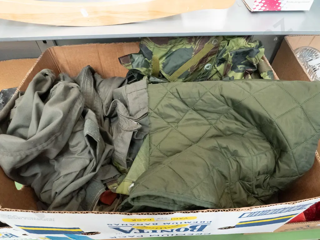 box; military items; camo fly tent, overalls, caps, webbing etc Image 1++