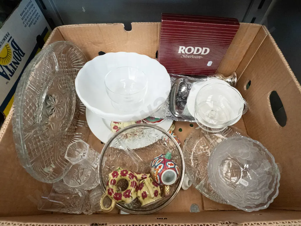 box; glass bowls, plated tray, novelty teapots etc Image 1++