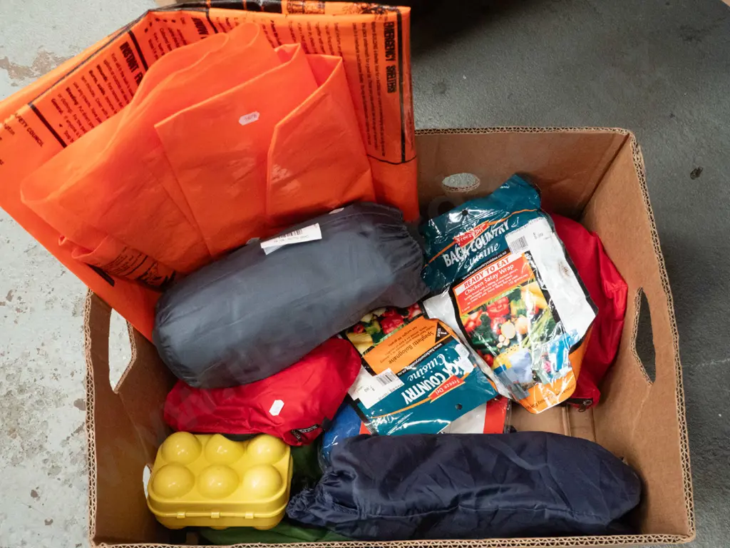 box; camping gear; tramping food, cushions, survival bags etc Image 1++