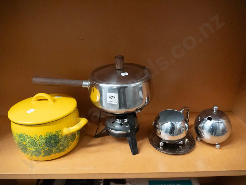 retro enamel casserole, fondu pot, creamer, sugar Image 1++