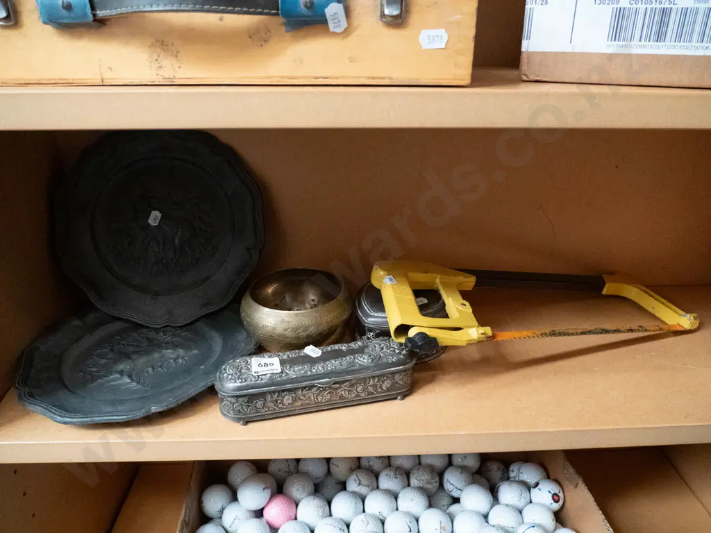 shelf; cast pewter plates, copper dish etc Image 1++