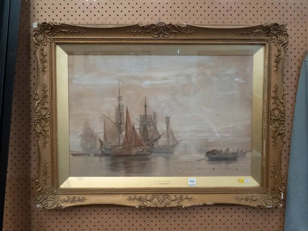 A Herbert - gilt framed mixed media - On The Scheldt - damage to frame Image 1++
