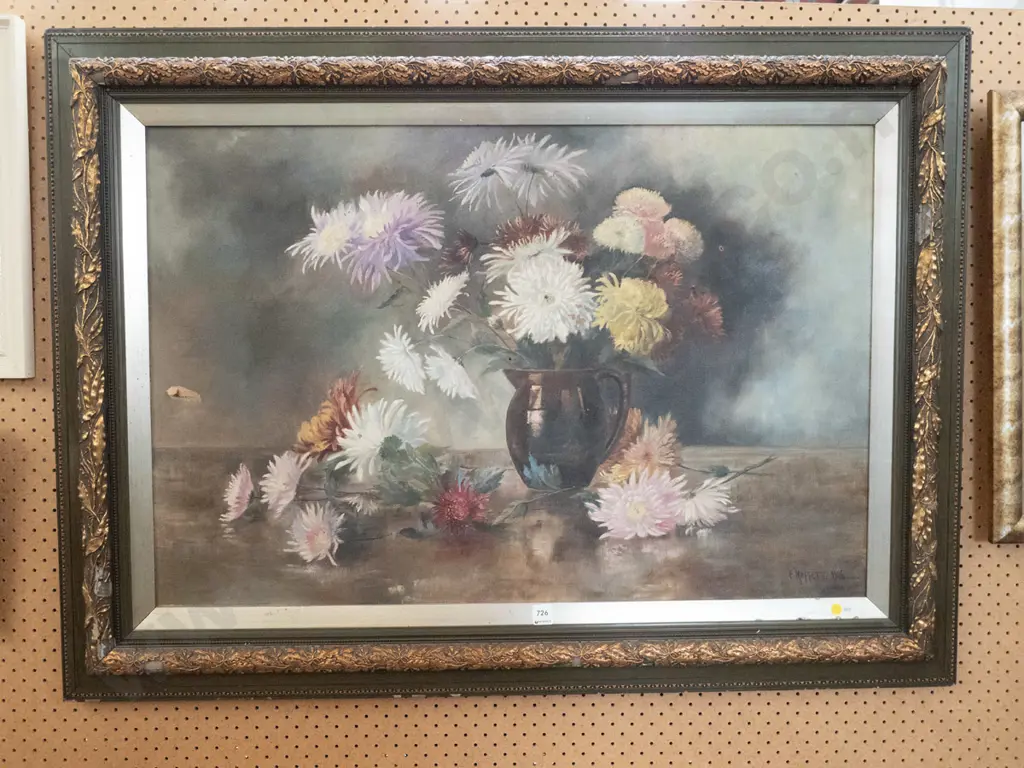 E Moffett 1906 - framed oil on canvas - dahlias - some damage to canvas Image 1++