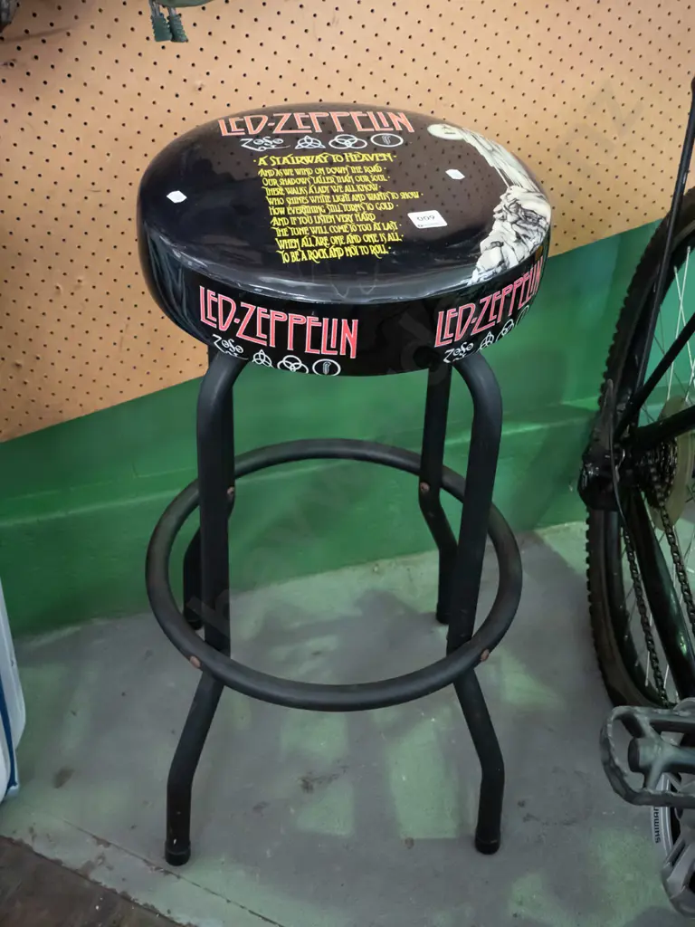 metal and vinyl top stool with Led Zeppelin print Image 1++