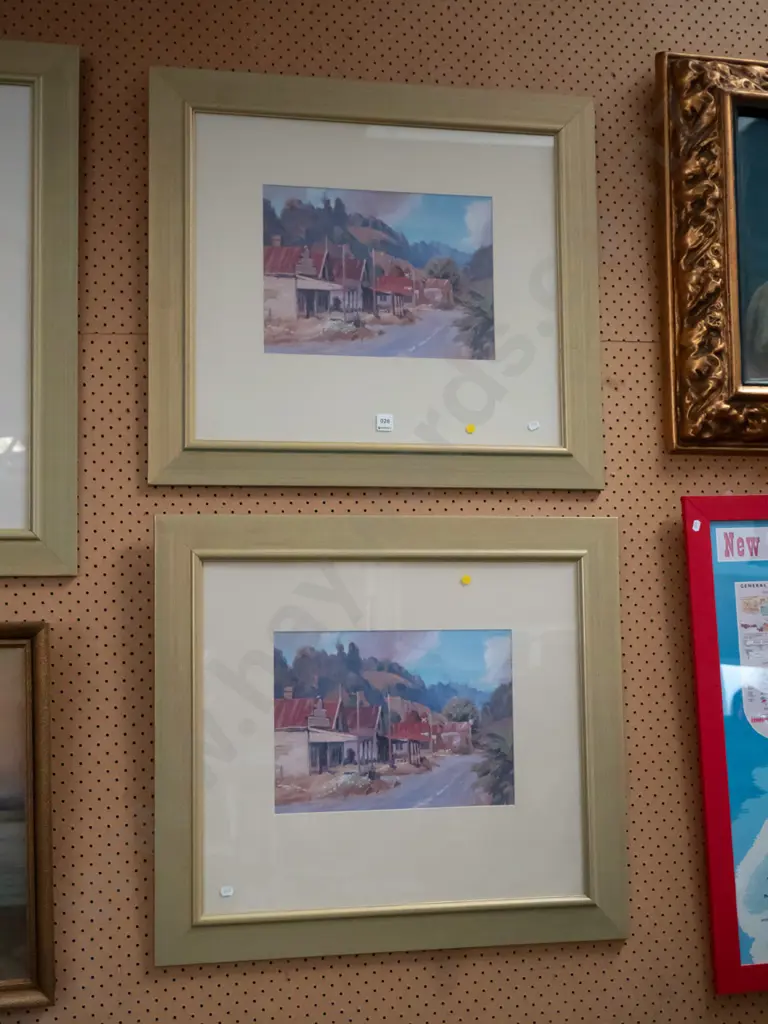 2x framed prints - WA MacCormick - street scene - yellow dots Image 1++