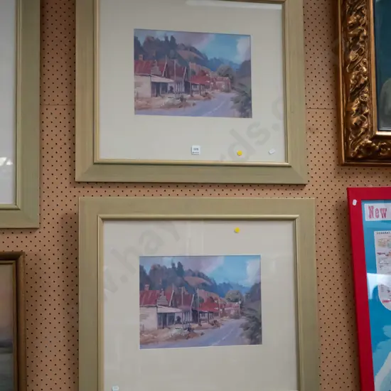 2x framed prints - WA MacCormick - street scene - yellow dots