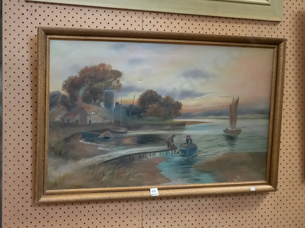 framed oil - village scene - some damage Image 1++
