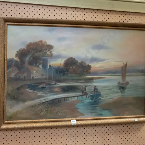 framed oil - village scene - some damage