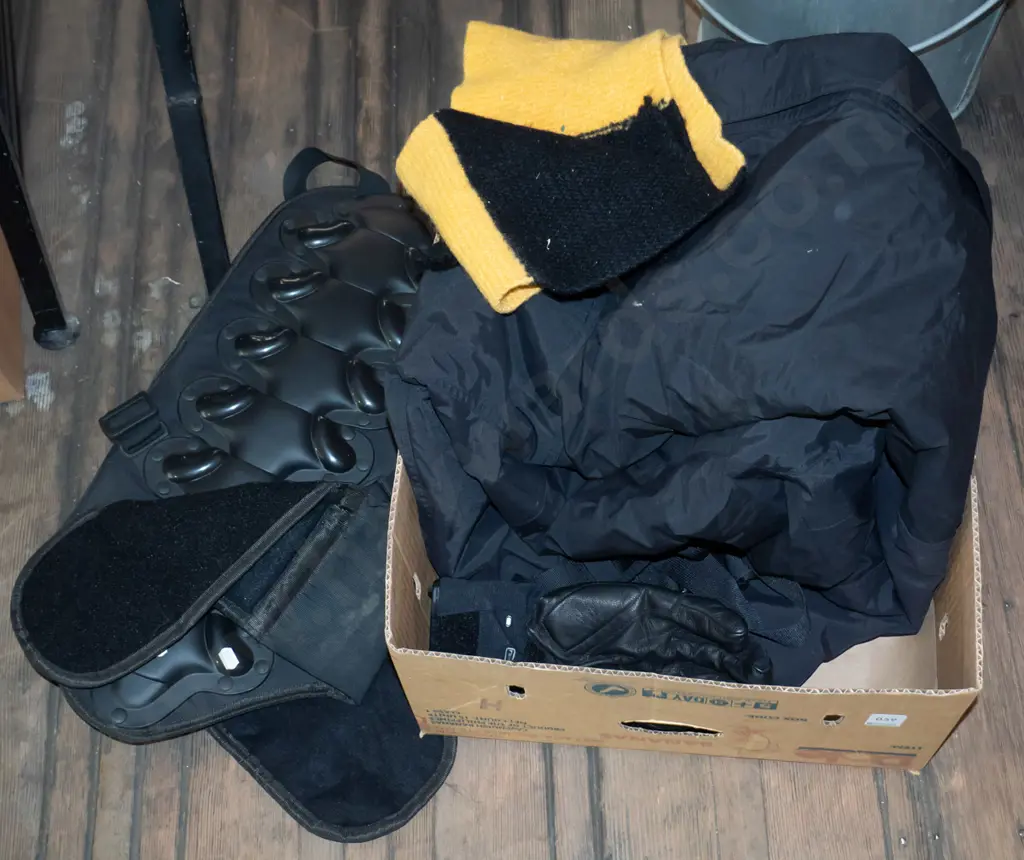 fabric and plastic spine support, scarf, gloves, large insulated ski pants Image 1++