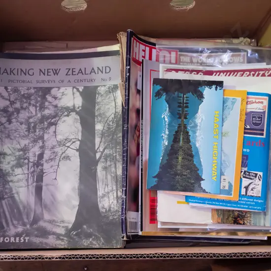box; vintage magazines, road maps, newspapers etc