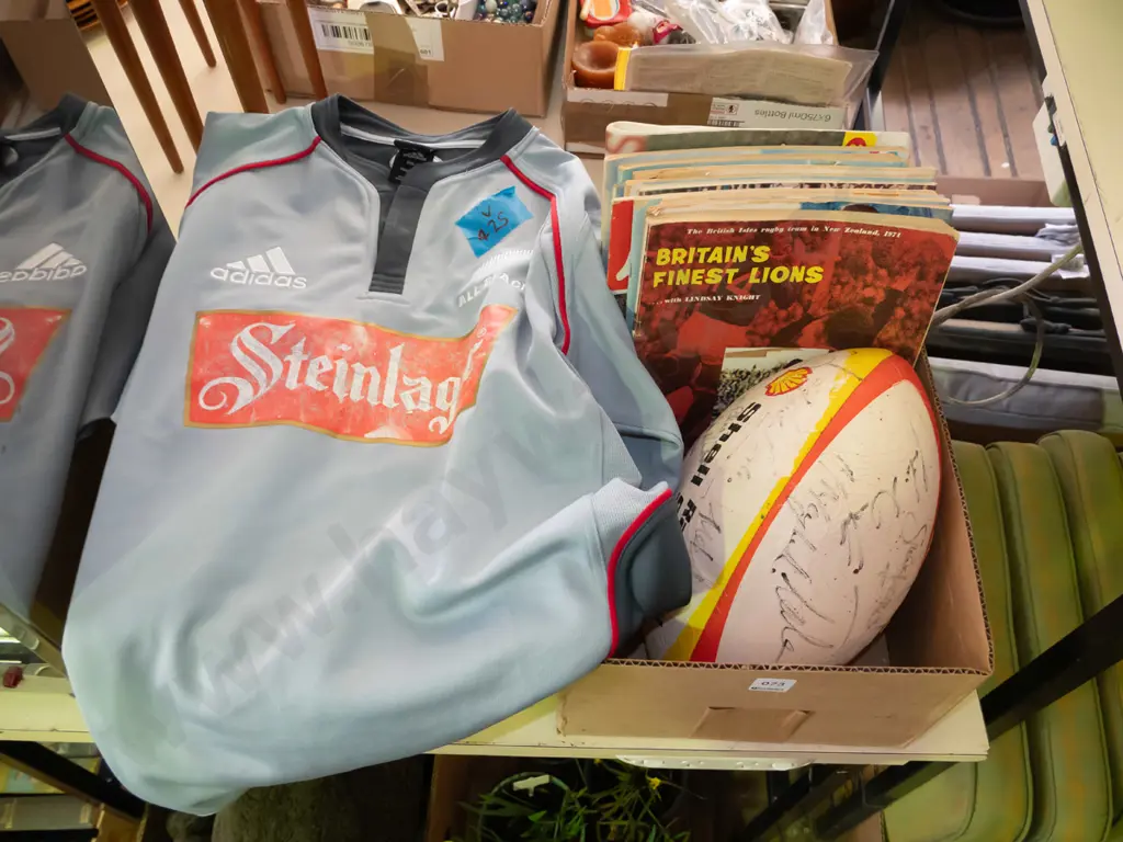 box; various 1960s rugby books, signed rugby ball, All Blacks rugby top Image 1++